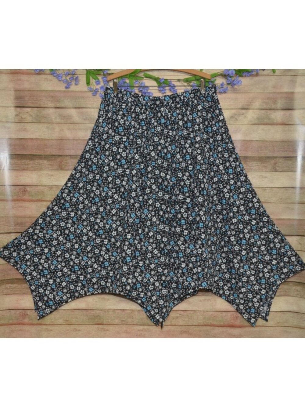 Cato Pull On Midi Skirt Size XL Black & Aqua Floral Asymmetrical Hem Boho Summer